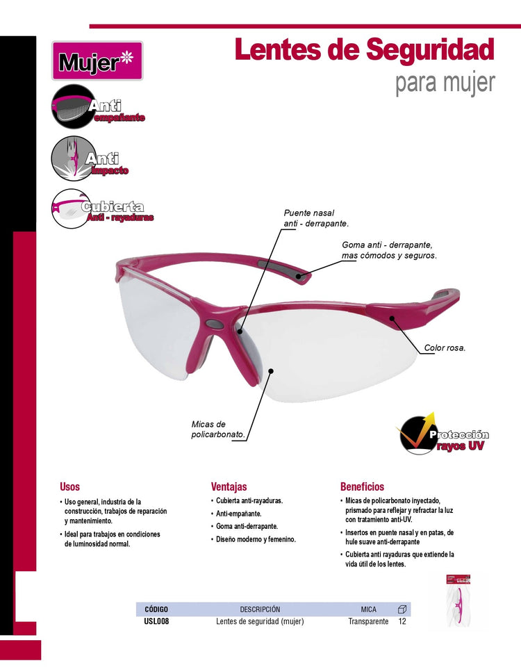 Lentes Seguridad Mujer Rosa Mica Transparente Usl008 Urrea-H ID-2545734