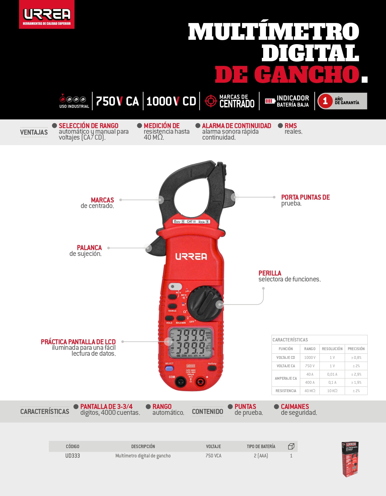 Multímetro Digital De Gancho Uso General Ud333 Urrea-H ID-2030867