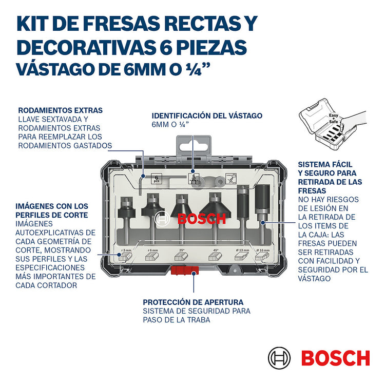 Set Fresas De Acabado 1/4 Con 6 Pieza Para Madera Carpintero Bosch ID-2150595